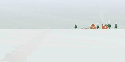 bestiame nel inverno stagione piatto design vettore illustrazione con vuoto spazio. rurale paesaggio, log cabina, azienda agricola e pini con pesante neve.