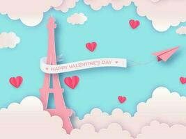 contento San Valentino giorno testo nastro con carta aereo, eiffel Torre, cuori e nuvole su cielo blu sfondo. vettore