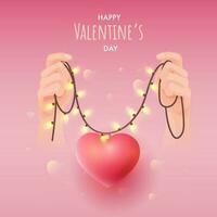 contento San Valentino giorno concetto con mano Tenere illuminazione ghirlanda e 3d cuore pendente su lucido rosa sfondo. vettore