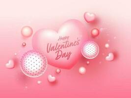 contento San Valentino giorno concetto con lucido cuori e 3d palle o sfera su lucido rosa sfondo. vettore