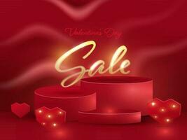 San Valentino giorno vendita font a 3d podio con cuori e luci effetto su rosso sfondo. vettore