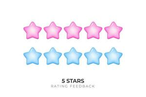 un' vettore illustrazione di un' 3d 5 stella valutazione sistema con un' bianca sfondo e lucido elementi. sito web valutazione, e in linea recensioni di bambini Giochi. rosa e blu stelle.
