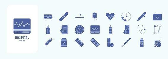 ospedale e medico, Compreso icone piace ambulanza, letto, sangue, primo aiuto kit e Di Più vettore