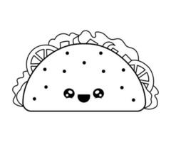 contento personaggio cibo taco. messicano veloce cibo colorazione pagina. speziato ingredienti. vettore illustrazione.