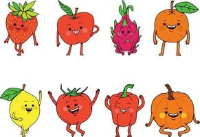 divertente frutta e verdure impostare. carino cartone animato personaggi. vettore illustrazione.