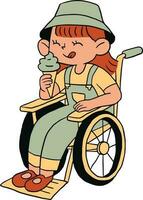 illustrazione di un' Disabilitato ragazza nel un' sedia a rotelle mangiare un ghiaccio crema. vettore