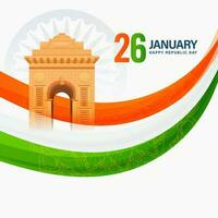 26th gennaio, contento repubblica giorno concetto con India cancello monumento, tricolore onda su bianca Ashoka ruota sfondo. vettore