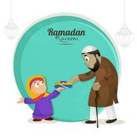 cartone animato musulmano ragazza offerta Abiti per povero uomo su turchese e bianca sfondo per Ramadan kareem concetto. vettore