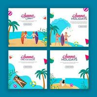 estate vacanze e rompere manifesto design con spiaggia Visualizza nel quattro opzioni. vettore