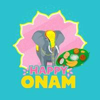 contento onam celebrazione concetto con elefante animale, sadya su rosa e blu sfondo. vettore