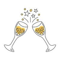 Due tintinnante bicchieri con Champagne nel scarabocchio stile. Saluti, vacanza pane abbrustolito, compleanno, festa, anniversario concetto. vettore
