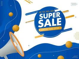 super vendita manifesto design con sconto offerta, 3d palle e altoparlante su blu e bianca sfondo. vettore