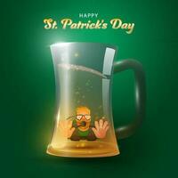 contento st. Patrick giorno concetto con uomo nuoto nel realistico birra boccale su verde sfondo. vettore