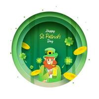 carta strato tagliare cerchio sfondo con fata uomo Tenere birra tazza, trifoglio le foglie e d'oro monete per contento st. Patrick giorno celebrazione. vettore