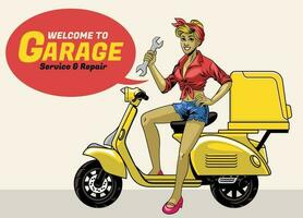 Vintage ▾ perno su scooter meccanico ragazza vettore