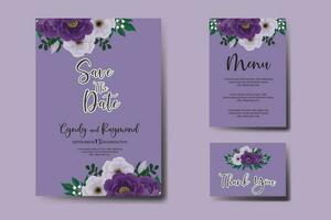 set di cornici per inviti di nozze, modello di biglietto d'invito con disegno di fiori di peonia viola disegnato a mano digitale ad acquerello floreale vettore