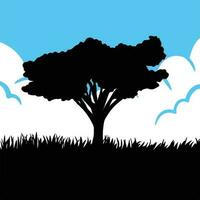 albero vettore icona silhouette isolato su blu cielo e erba sfondo. uno gigante albero su il centro. no persona o persone semplice piatto disegno. semplice piatto arte styled illustrazione su piazza modello.