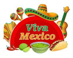 Viva Messico colorato bandiera con simboli di Messico, tacos, poncho, chitarra, sombrero e maracas. illustrazione, manifesto, vettore