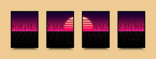 manifesto nel cyberpunk stile. neon vettore colore disegno, futuro città tramonto.