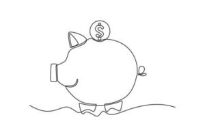 continuo uno linea disegno moneta su porcellino banca. finanziario alfabetizzazione concetto. singolo linea disegnare design vettore grafico illustrazione.