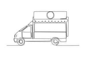 singolo uno linea disegno cibo camion. ristorante su ruote. furgoni per strada cibo vendita. auto concetto. continuo linea disegnare design grafico vettore illustrazione.