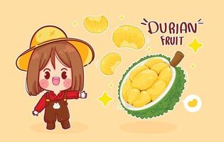 ragazza carina contadino e frutta Durian fumetto illustrazione arte vettore