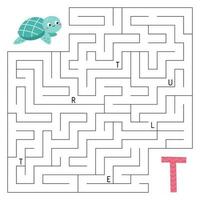 imparare lettere. abc labirinto gioco. educativo puzzle per bambini. Aiuto il tartaruga trova giusto modo per il lettera t. attività foglio di lavoro con labirinto. imparare inglese linguaggio. vettore illustrazione