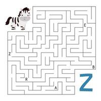 imparare lettere. abc labirinto gioco. educativo puzzle per bambini. Aiuto kawaii zebra trova giusto modo per il lettera z. attività foglio di lavoro con labirinto. imparare inglese linguaggio. vettore illustrazione