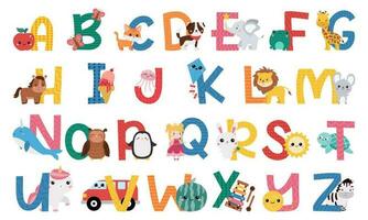 inglese alfabeto lettere con carino animali, uccelli, cibo e oggetti. divertente abc per bambini. bambini formazione scolastica. kawaii cartone animato personaggi. vettore illustrazione