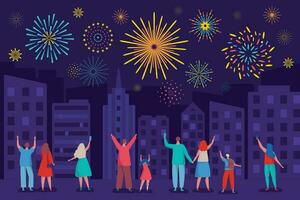 contento persone Guardando fuochi d'artificio nel notte cielo. città Festival, vacanza celebrazione con colorato fuoco d'artificio esplosioni vettore illustrazione