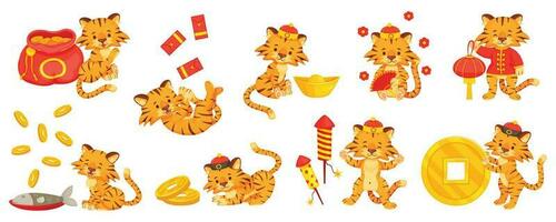 cartone animato Cinese nuovo anno tigre, carino tigri con oro lingotto. poco tigre cuccioli con petardi, i soldi Borsa. vacanza portafortuna personaggio vettore impostato