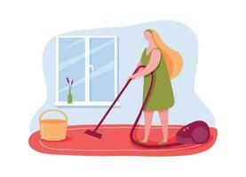 casalinga passare l'aspirapolvere e fare lavori di casa, pulito appartamento vettore