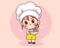 ragazza carina chef di panetteria sorridente in arte cartone animato mascotte uniforme vettore