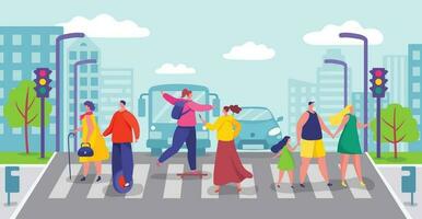 gruppo di persone attraversamento città strada, pedoni a piedi su attraversamento pedonale. personaggi attraversare strada su pedone attraversamento vettore illustrazione