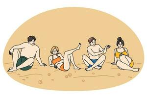 contento persone nel costumi da bagno rilassare su mare spiaggia vettore