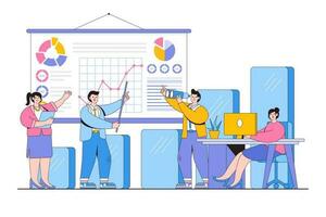 lavoro di squadra nel un' azienda, di brainstorming concetto. ufficio lavoratori studia infografica, analisi di il evolutivo scala, ricerca per nuovo soluzioni idee. minimo vettore illustrazione per atterraggio pagina