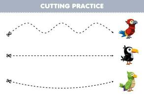 formazione scolastica gioco per bambini taglio pratica con carino cartone animato pappagallo tucano parrocchetto immagine stampabile animale foglio di lavoro vettore