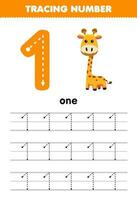 formazione scolastica gioco per bambini tracciato numero uno con carino cartone animato giraffa immagine stampabile animale foglio di lavoro vettore