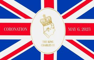 re charles iii Londra, UK - 6 Maggio 2023 incoronazione bandiera con d'oro lineare ritratto di il re. vettore illustrazione per banner e carte.