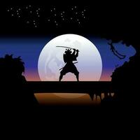 samurai formazione a notte su un' pieno Luna vettore