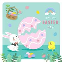 andiamo celebrare contento Pasqua giorno. il carino Pasqua coniglio e pulcino siamo giocando Pasqua uovo caccia gioco vettore su moderno verde sfondo.