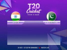 t20 cricket febbre è indietro concetto con partecipando squadra India vs Pakistan e copia spazio su viola geometrico sfondo. vettore