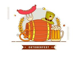 oktoberfest Festival concetto con botte, pretzel, birra tazza, Grano orecchio, salsiccia forchetta e Tedesco superiore cappello su bianca sfondo. vettore