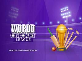 etichetta stile mondo cricket lega testo con d'oro trofeo tazza, attrezzatura su viola stadio sfondo. vettore