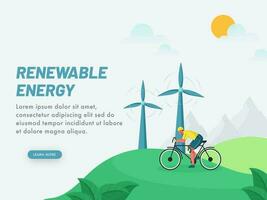 rinnovabile energia concetto basato manifesto design con cartone animato uomo equitazione bicicletta e mulini a vento su sole paesaggio sfondo. vettore