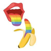 lgbt concetto. Aperto bocca con arcobaleno lingua e arcobaleno Banana. lgbt pari diritti movimento e Genere uguaglianza concetto. vettore illustrazione