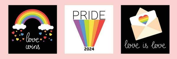 collezione di banner modello con LGBTQ simboli. sociale media inviare, storie, manifesto modello con lgbt arcobaleno bandiera. collezione di carte per orgoglio mese celebrazione. gay parata. vettore