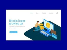 bitcoin in crescita basato atterraggio pagina design nel blu e bianca colore. vettore