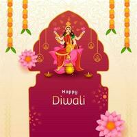 personaggio di dea lakshmi su loto fiore con illuminato olio lampade e floreale ghirlanda per contento Diwali concetto. vettore
