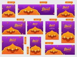 contento Diwali sociale media modelli collezione con realistico illuminato olio lampade nel viola e arancia colore. vettore